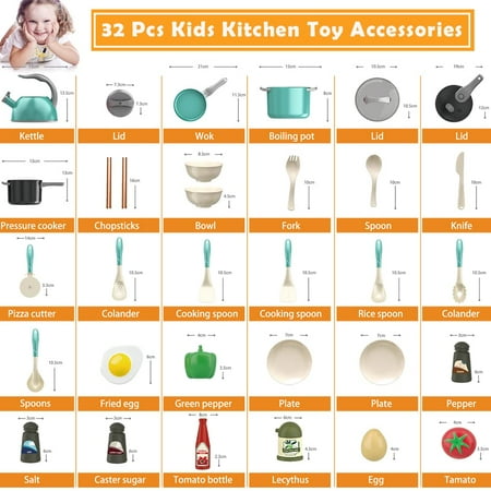 32Pcs Kids Kitchen Toy Accessories, Toddler Pretend Cooking Playset with Play Pots, Pans, Utensils Cookware Toys, Play Food Set, Canned Toy Vegetables, Learning Gift for Girls Boys (Green)