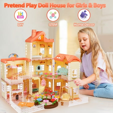 Anpro Huge Dollhouse for Girls, 3-Stories 7 Room Dollhouse Playset with Lights, 28.7"H Princess Doll House with Furniture & Asseccories, Best Gift for Age 3+ Girls, ABS Plastic, Pink