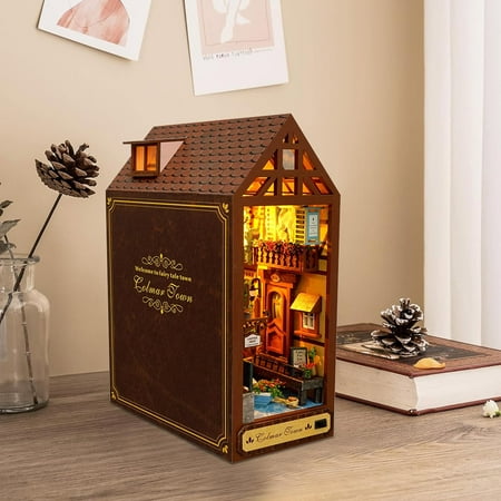 TOPCHANCES DIY Book Nook Kit, 3D Wooden Puzzle Bookshelf Insert Decor with LED Light, DIY Miniature Dollhouse Model Kit, Educational Bookshelf Kits for Kids Adults (Quiet Evening)