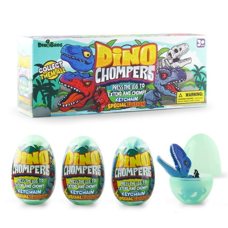 DINOBROS Surprise Eggs with Dinosaur Toys Inside, 4 Pack Egg Toys Filled with Dino Chomper Keychains Birthday Gift Party Favors for Backpack Boys and Girls