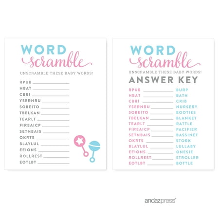 Koyal Wholesale Word Scramble Team Pink/Blue Gender Reveal Baby Shower Paper Games, Favors 20PC