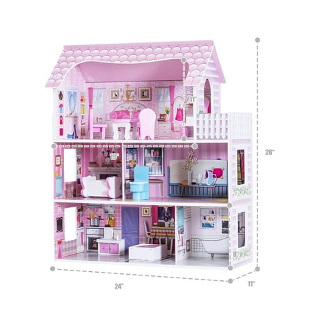 Gymax 28'' Pink Dollhouse w/ Furniture Gliding Elevator Rooms 3 Levels Young Girls Toy