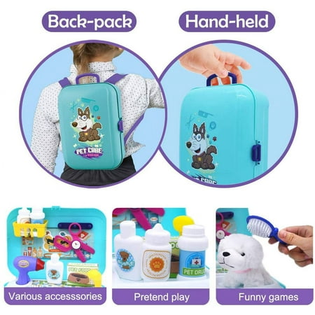 16 Pcs Pet Care Play Set Dog Grooming Kit with Backpack Doctor Set Vet Kit Educational Toy-Pretend Play for Toddlers Kids Children