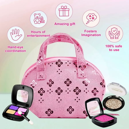 Pretend Makeup Kit for Girls, 12 Pcs Fake Play Makeup Set with Cosmetic Bag, Toddler Cosmetic Vanity Set for 3, 4, 5, 6, 7, 8 Years Old Girls Birthday Gifts