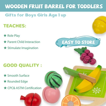 WoodenEdu Wooden Play Food for Kids Kitchen, 38PCS Cutting Fruits Toys for Toddlers Pretend Vegetables Gift for Boys Girls Educational Toys (Fruit Bucket)