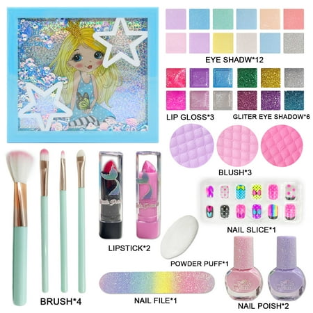 Non Toxic Washable Cosmetic Toy Beauty Set, Real Makeup Kit for Girls, Little Princess Pretend Play Set Christmas Birthday Gift for 5+Years Old Kids, Blue