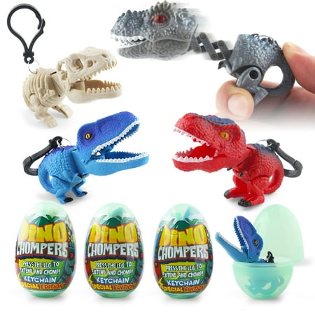 DINOBROS Surprise Eggs with Dinosaur Toys Inside, 4 Pack Egg Toys Filled with Dino Chomper Keychains Birthday Gift Party Favors for Backpack Boys and Girls