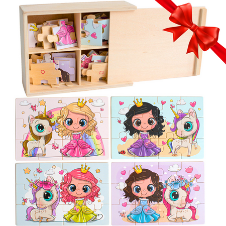 TOYLI 4-in-1 Princess Wooden Jigsaw Puzzles for Kids 48 Pcs Preschool Educational Brain Activity Hand-Eye Coordination