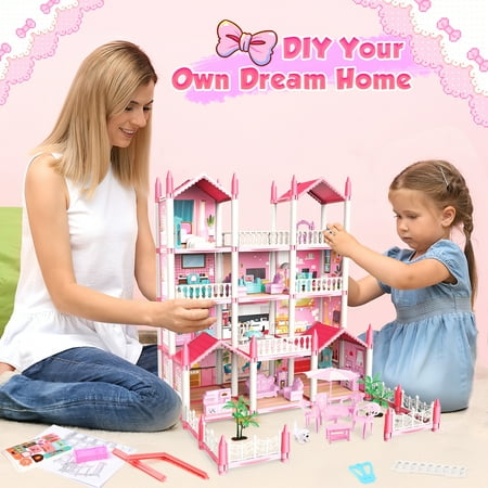 Freecat Doll House Kit Girls Toy, 11 Rooms DIY Pretend Play Dollhouse Playset Toys with Accessories and Furniture, Princess House for Toddlers, Christmas Birthday Gifts for 6-12 Year Old Girls (Pink)