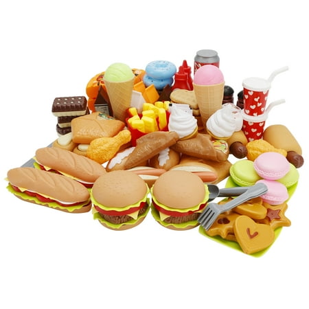 63PCS Play Food Pretend Play Fast Food Kitchen Toys Set Cutting Pizza Hamburger Ice Cream Playset for Toddler Kid Child Boys Girls Toys