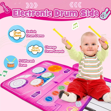 Musical Toys Baby Piano Mat 1 Year Old Girls Toys, Keyboard & Drum Musical Mat, Gifts for 1 2 3 Years Old Girls, Music Sensory Play Mat Toys for Girls Ages 1 2 3 4