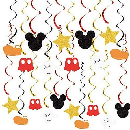 30pcs Mickey Mouse Birthday Hanging Swirl Decorations, Ceiling Streamers Mini Mouse Birthday Party Supplies, Hanging Swirls Party Favors for Kids Boys Glitter Gold, Red and Black Decor