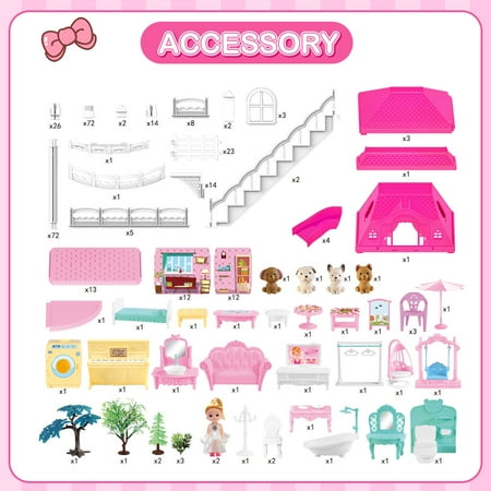 JoyStone Dollhouse with Lights, 4-Story 12 Rooms Huge Doll House with 4 Dolls Toy Figures, Fully Furnished Pretend Playhouse Gifts for Girls Ages 3+, Pink