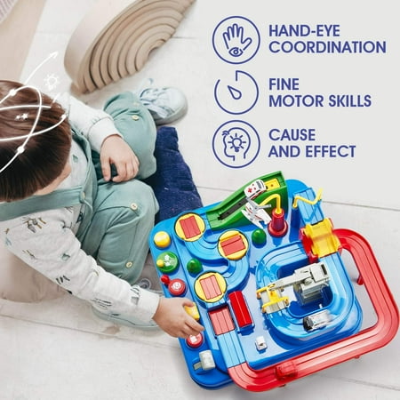 Kids Race Track Car Adventure Toy for Toddlers, Car Rescue Adventure Toys with 4 Mini Car 6 Buttons for 3-7 Years Old Boys Girls, Manually Operated Car Playset Education Toys for Kids Age 3+, Blue