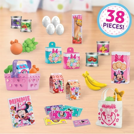 Disney Junior Minnie Mouse Marvelous Market, Pretend Play Cash Register with Realistic Sounds, 45 Play Food Pieces and Accessories, Officially Licensed Kids Toys for Ages 3 Up, Gifts and Presents