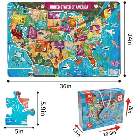 Ideal Floor Puzzle of the USA Map for Kids Age3+, 46pieces, 24inx36in