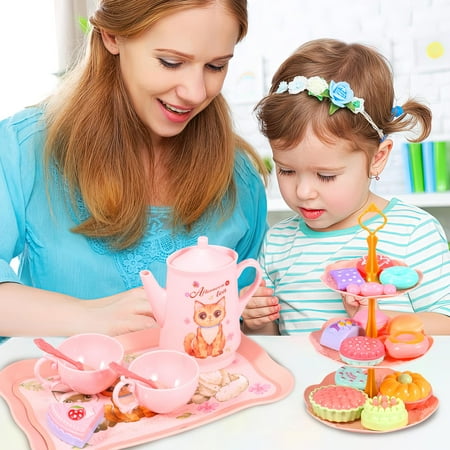 Cat Tea Party Set for Little Girls - 46pcs Pretend Play Toy, Birthday Gift for Toddlers Ages 3 4 5 6 Year Old, Includes Cat Tea Set, Desserts, and Carrying Case, Cat Design