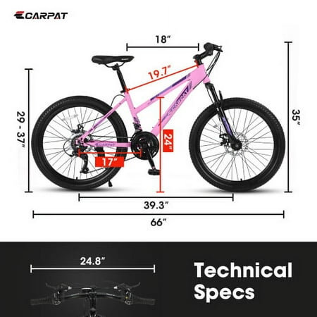 Mountain Bikes for Teen Girls, 24 inch Womens Bike with Dual Disc Brakes , Shimano 21 Speed, Pink