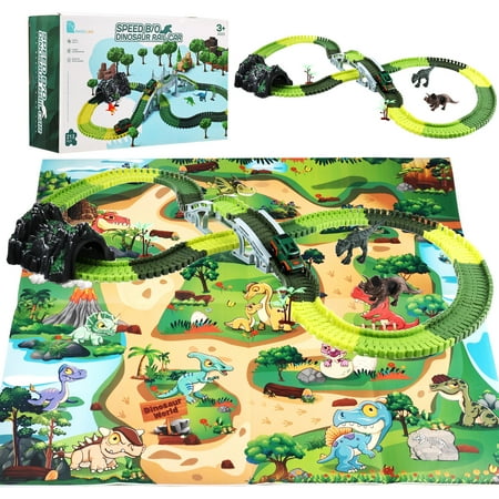 Anpro Dinosaur Toys Race Car Track Set for Kids, 250pcs Race Car Track Set Vehicle Playsets Dinosaur World Road Toys Flexible Track Playset for Boys Age 3+ Best Christmas Gift