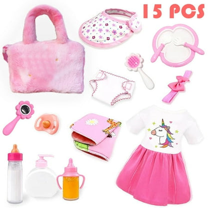 15Pcs Baby Doll Accessories, Baby Doll Feeding and Caring Set, Baby Pretend Play Set Fit 14-16 inch Doll and 18 inch Doll, Toys for Kids Girls 3-6 Years