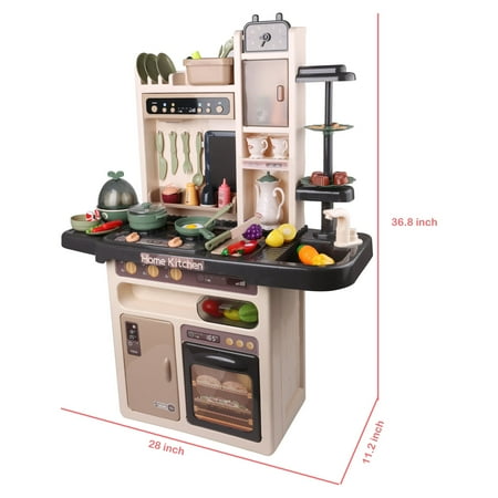 65 PCS Large Pretend Play Kitchen Toy Set for Kids with Real Lights and Cooking Sounds, Steam, Play Sink with Running Water, Cut Play Food, Menu Board and Accessory Play Set