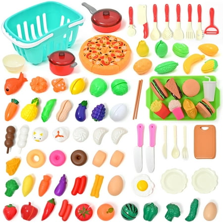 86 PCS Cutting Play Food - Toy Kitchen Pretend Play Set for Kids, Toddler Kitchen Pretend Food w/ Basket Fruit Vegetables Pizza for 3-8 Boys & Girls