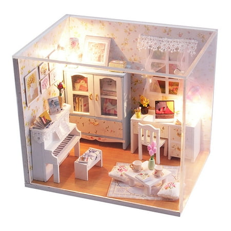 RONSHIN Dollhouse Miniature DIY House Kit Wood Cute Room with LED Furniture and Cover Girl Gift Toy, Summer Flower