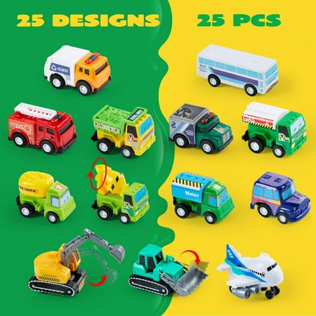 SYNCFUN 25 Pcs Kids Toy Cars Bulk, Pull Back Cars and Trucks Play Vehicles Set, Mini Excavator Party Favors Birthday Gift for Boys and Girls