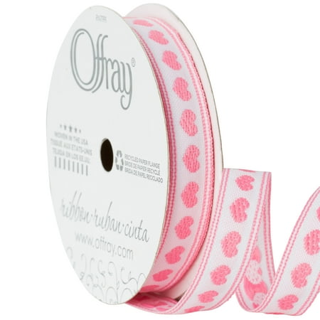 Offray Ribbon, Pink 3/8 inch Hearts Woven Ribbon, 9 feet