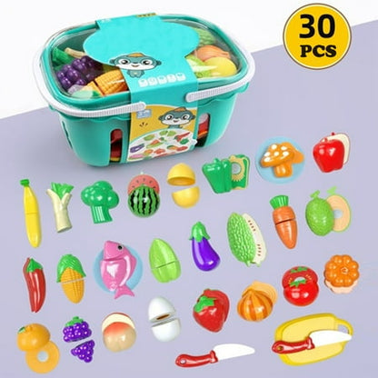 30 PCS Cutting Play Food Toy for Kids Kitchen Set, Pretend Food, Fruits and Vegetables Toys with Storage Basket, Educational Toy for Toddlers, Kids, Boys and Girls