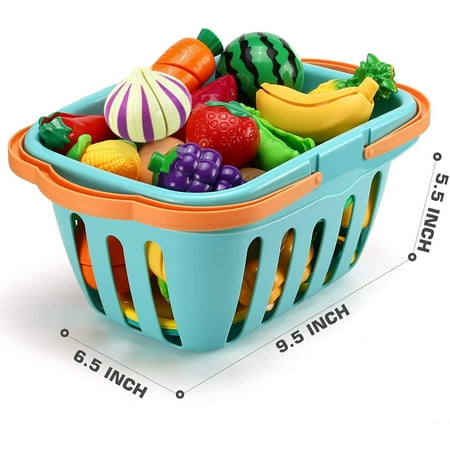 70 PCS Cutting Play Food Toy for Kids Kitchen, Pretend Fruit &Vegetables Accessories with Shopping Storage Basket, Plastic Mini Dishes and Knife, Educational Toy for Toddler Children Birthday Gift