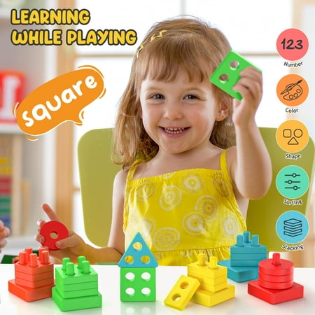 UUGEE Stacking Learning Toys for 1 2 3 Year Old Boys Girls, Baby Montessori Wooden Sorting Educational Gifts for 6 9 12 18 24 Months Toddlers Infant