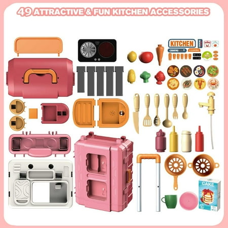 Anpro 28Inch Play Kitchen Set for Kids, 49PCS Pretend Play Kitchen with Sounds & Lights, Toy Kitchen Cooking Set, Best Gifts for Toddlers Age 3+, Pink