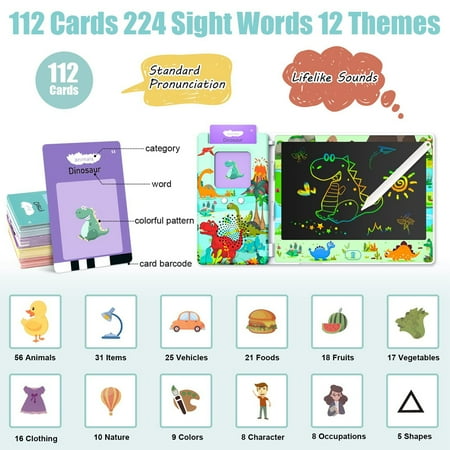 Baozhu 2-in-1 Kids Talking Flash Cards with LCD Writing Tablet Toys, Autism Sensory Toddler Toys With 224 Sight Words Educational Learning Gift Toys for 3-8 Year Old,Dinosaur