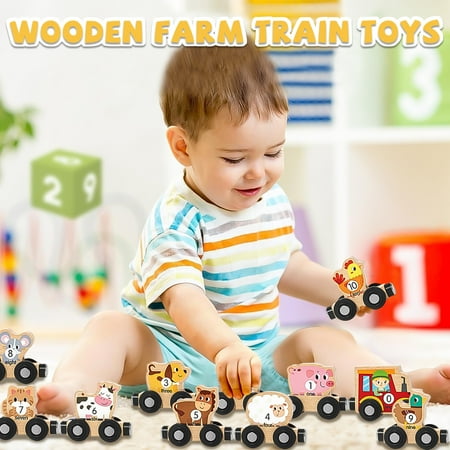 Toys for 1 2 3 Year Old Girls Boys, Wooden Farm Animals Train Set, Toddler Educational Toy, Montessori Learning Toys Ages 1-3