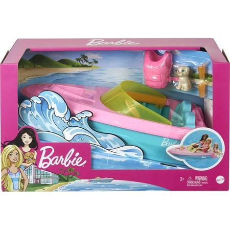 Barbie Toy Boat Set with Puppy, Life Vest and Beverage Accessories, Floats in Water (Seats 3 Dolls)