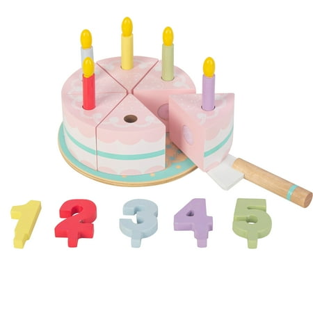 WoodenEdu Pretend Play Food for Toddlers 1-3,Wooden Birthday Fake Cake with Candles and Numbers,Tea Party Learning Kitchen Gift Toys for Boys Girls