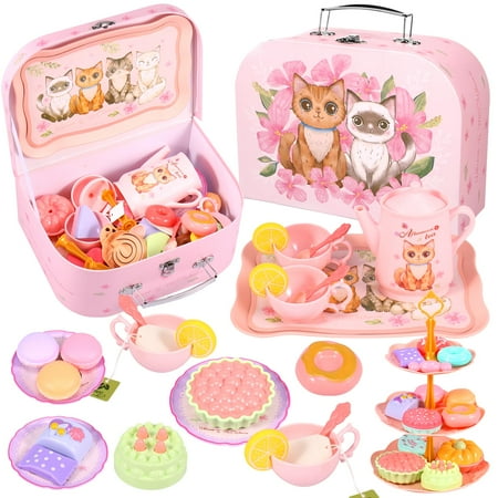 Cat Tea Party Set for Little Girls - 46pcs Pretend Play Toy, Birthday Gift for Toddlers Ages 3 4 5 6 Year Old, Includes Cat Tea Set, Desserts, and Carrying Case, Cat Design