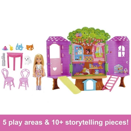 Chelsea Barbie Doll and Treehouse Playset with Pet Puppy, Furniture, Slide and Accessories