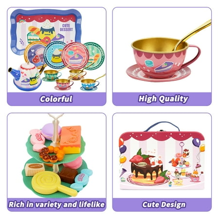 WISESTAR Tea Party Set for Little Girls- 50Pcs Kids Tea Set with Food Treats Playset & Carrying Case- Tin Tea Set for Princess Kitchen Pretend Play Toy for Toddlers Age 3-10