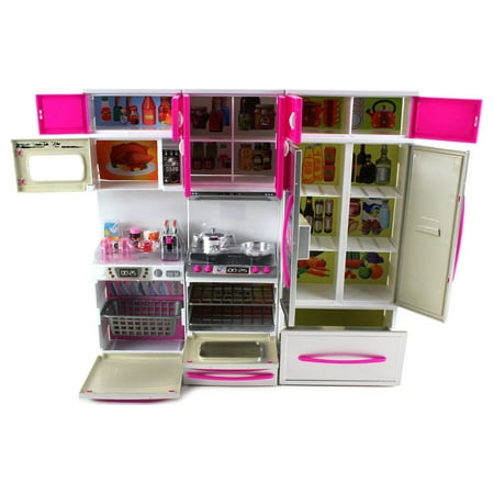 Kitchen Connection My Modern Kitchen Full Deluxe Kit Kitchen Playset: Refrigerator, Stove, Microwave - Pink & Silver-13.5" x 12"