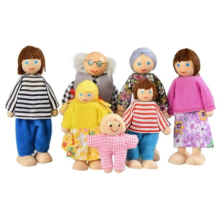 Amerteer Lovely Happy Family Dolls Playset Wooden Figures Set of 7 People with Dog for Kids Children Toddlers Dollhouse Pretend Gift