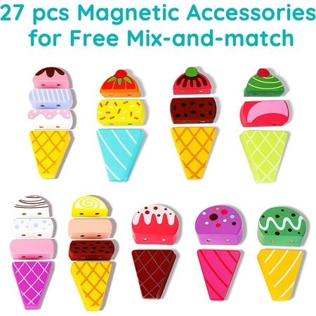 Wooden Ice Cream Truck, 28 pcs Magnetic Ice Cream Sweet Treats Pretend Play Food & Accessories, Montessori Sorting & Stacking Toys for Toddler Girls & Boys Age 2-4