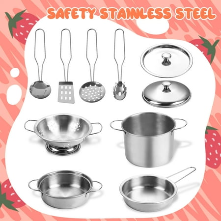 Play Kitchen Accessories, Kids Kitchen Play Pots and Pans Playset with Stainless Steel Pretend Play Cooking Set, Cookware Utensils, Apron, Chef Hat, Cutting Food for Toddlers Boys Girls