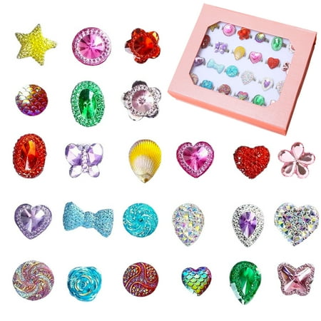 24Pcs Little Girl Jewel Rings in Box, Adjustable Kids Dress Up Pretend Play Jewelry, Birthday Gift for Kid Christmas Gifts Stocking Stuffers Presents for Girls Toys Age 3 4 5 6 7 8 Year Old