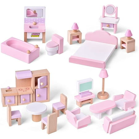 Fun Little Toys 22Pcs Pretend Life Dollhouse with Furniture,Wooden Doll House Furniture,Pink Wooden Toys, Stocking Stuffers for Kids,Birthday,Xmas Gift for Girls