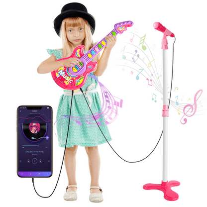 UUGEE Kids Guitar Toys for Girls 3-6 Years, Child Pretend Flash Electric Play Musical Instrument Toy with Mic Stand, Pink