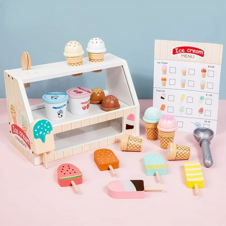 Wooden Scoop and Serve Ice Cream Counter (40 pcs) - Play Food and Accessories - Pretend Food Toys, Ice Cream Shop Toys For Kids Ages 3+