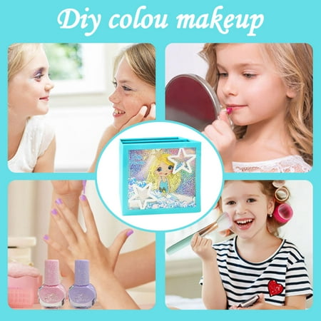 Non Toxic Washable Cosmetic Toy Beauty Set, Real Makeup Kit for Girls, Little Princess Pretend Play Set Christmas Birthday Gift for 5+Years Old Kids, Blue