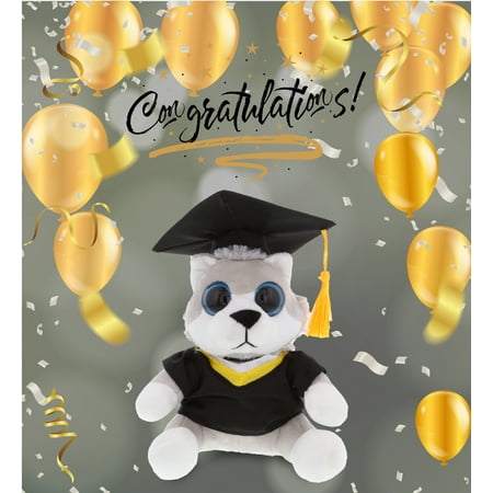 DolliBu Big Eye Wolf Graduation Plush Toy - Soft Graduation Stuffed Animal Dress Up with Gown & Cap with Tassel Outfit - Cute Congratulatory Graduation Gift - 6 Inches